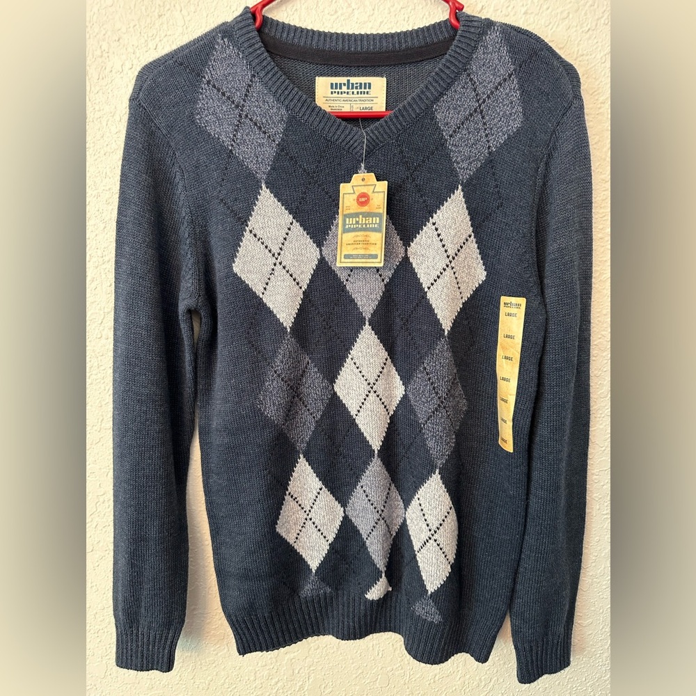 Boy’s Large Urban Pipeline argyle sweater. Brand new with tags